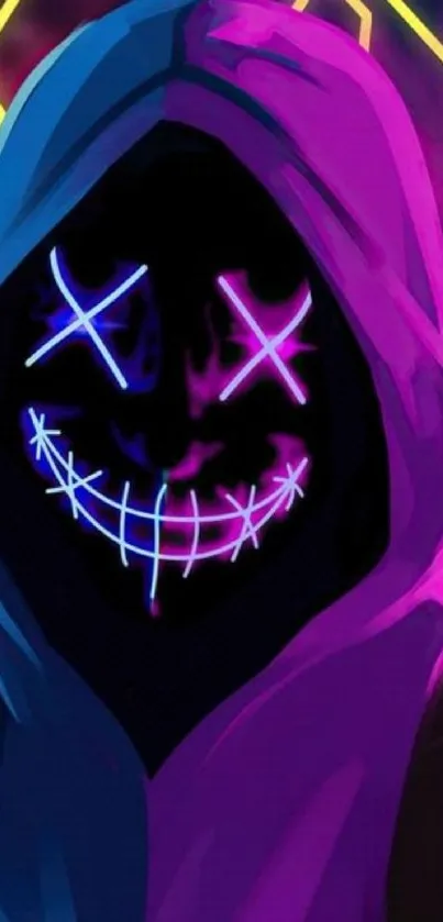 Mysterious neon hooded figure with a vivid smile in a dark, colorful setting.