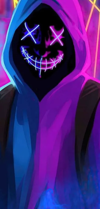 Neon hooded figure with a glowing smile set against a colorful background.