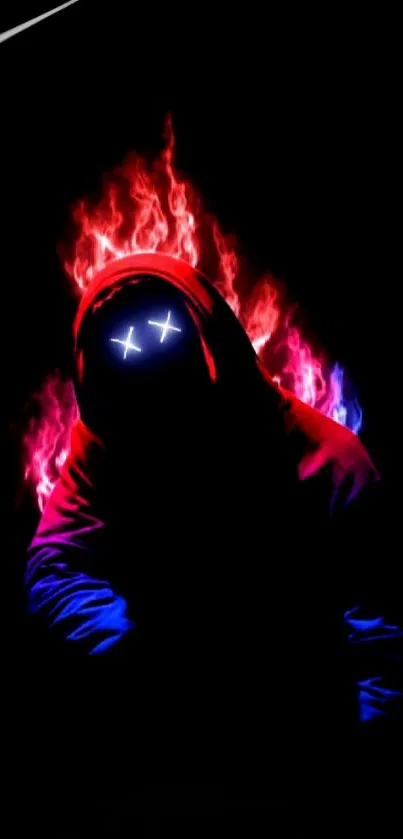 Neon hooded figure with glowing eyes and flames on a black background.