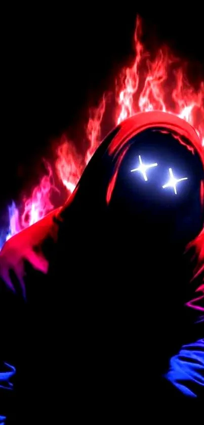 Neon hooded figure with glowing eyes and flames on black background.