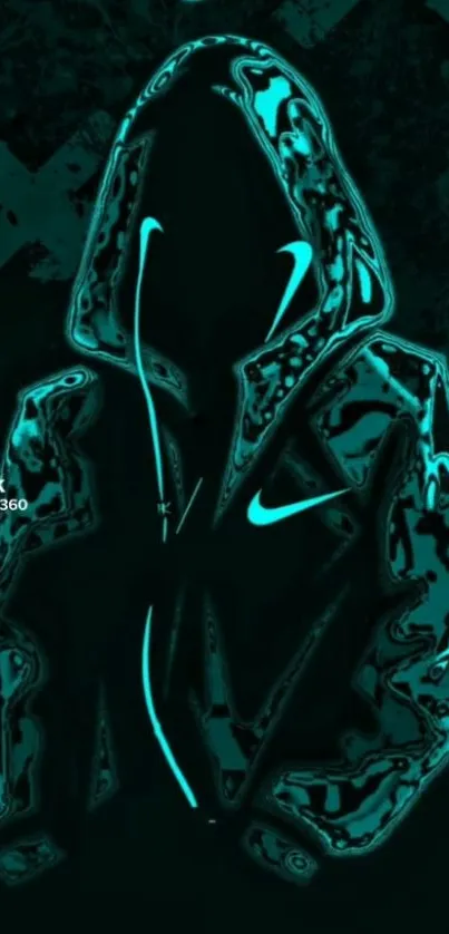 Neon hooded jacket with cyan glow on dark background wallpaper.