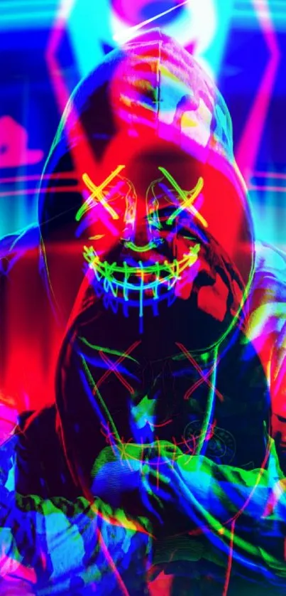 Neon hooded figure with glowing mask art.