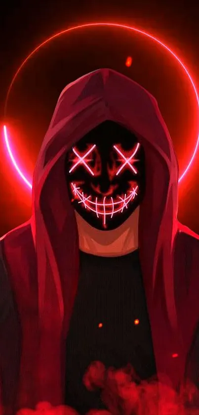 Neon hooded mask with red glow against dark background.