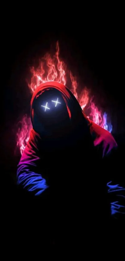 Hooded figure with glowing eyes and vibrant flames in neon colors.