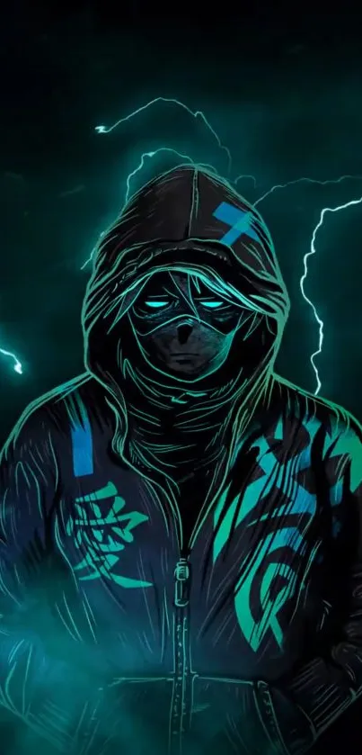 Neon hooded figure with electrifying blue and teal lightning in the background.