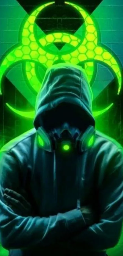 Hooded figure with neon green glow and sci-fi theme.