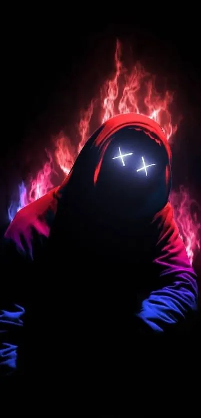 Hooded figure in neon light with fiery background.