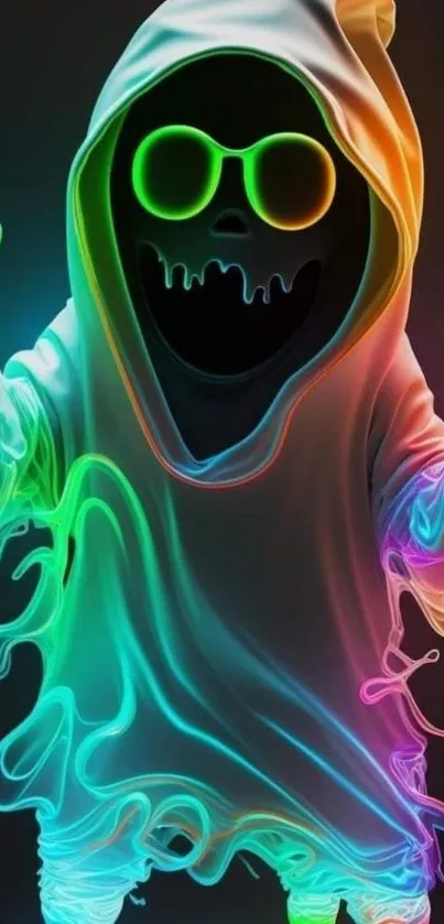 Colorful neon ghost in a hoodie with vivid swirling hues.