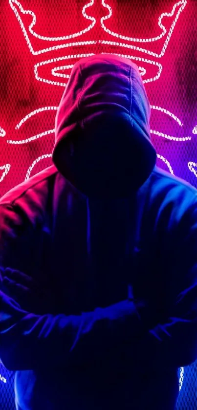 Vibrant neon wallpaper with hooded figure silhouette in blue and pink glow.