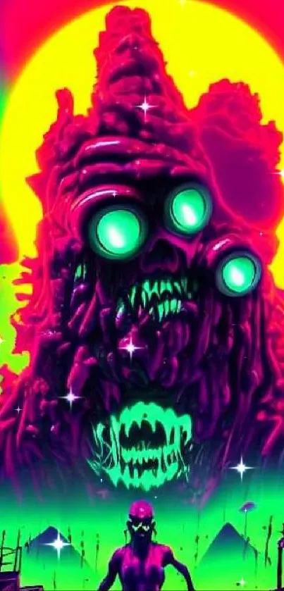 Neon horror art with a grotesque creature in vibrant colors.