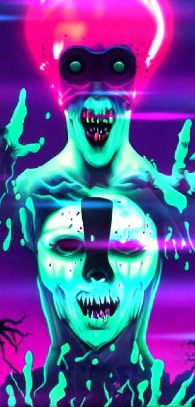 Neon horror art wallpaper with eerie figures and vibrant colors.