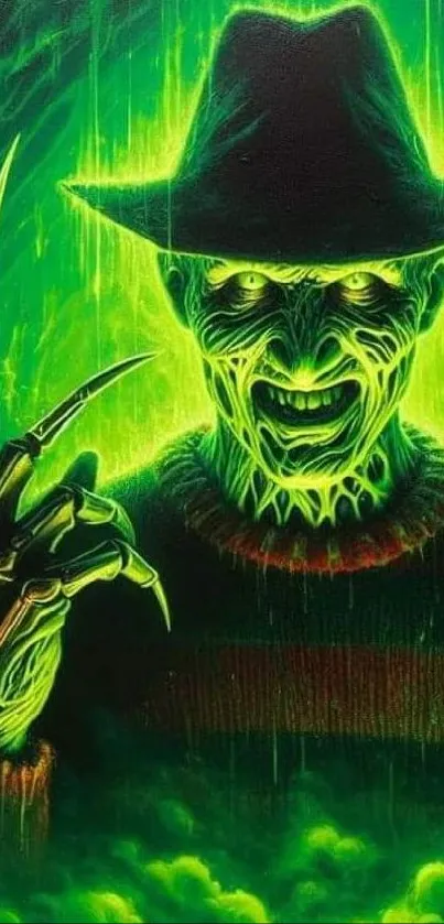 Vivid neon green wallpaper featuring a sinister, creepy figure with a hat.