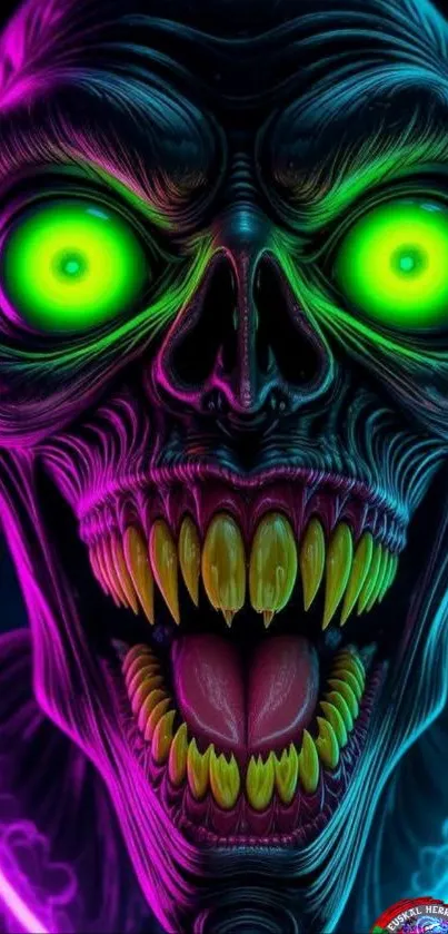 Neon skull artwork with glowing eyes