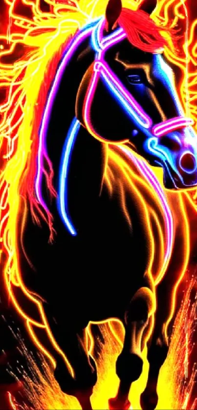 Vibrant neon horse with multicolored lights on black background.