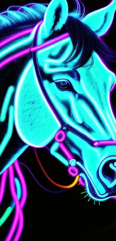 Vibrant neon horse illustration with cyan and purple hues.