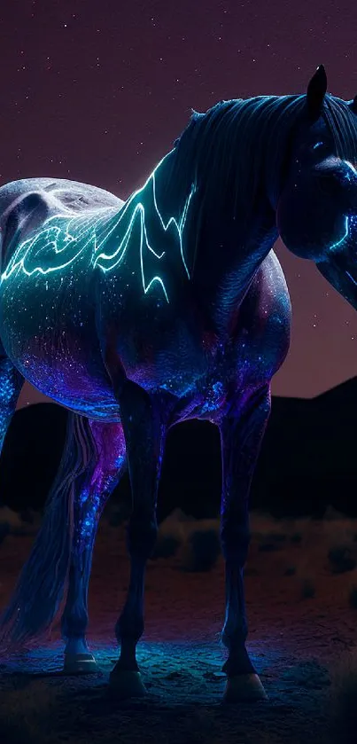 Neon horse glowing in a starry desert night scene.