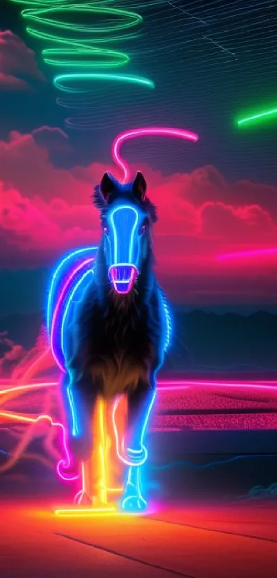 Neon horse with vibrant colors against a stunning sunset backdrop.