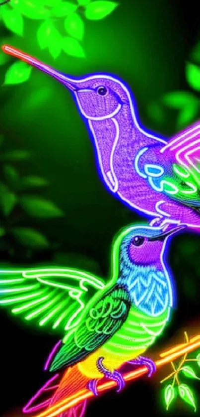 Neon art of two vibrant hummingbirds on a green background.