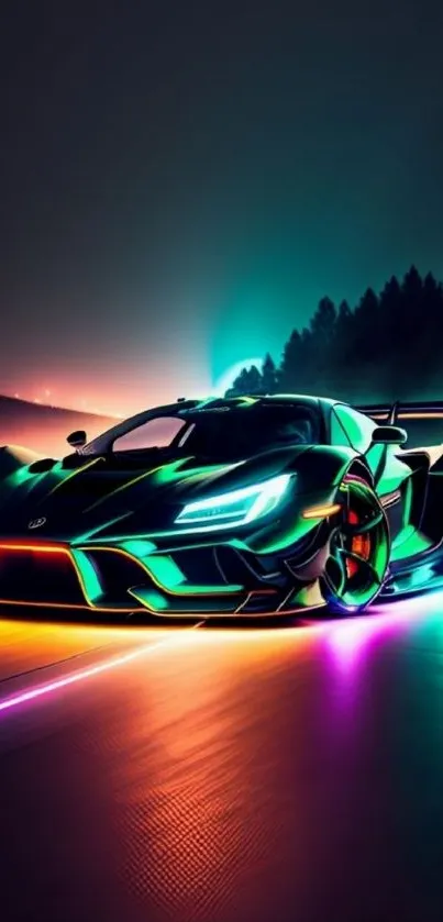 Futuristic neon car in a night drive with vibrant colorful lights.