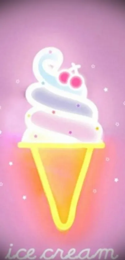 Neon ice cream cone wallpaper with pink background and glowing design.