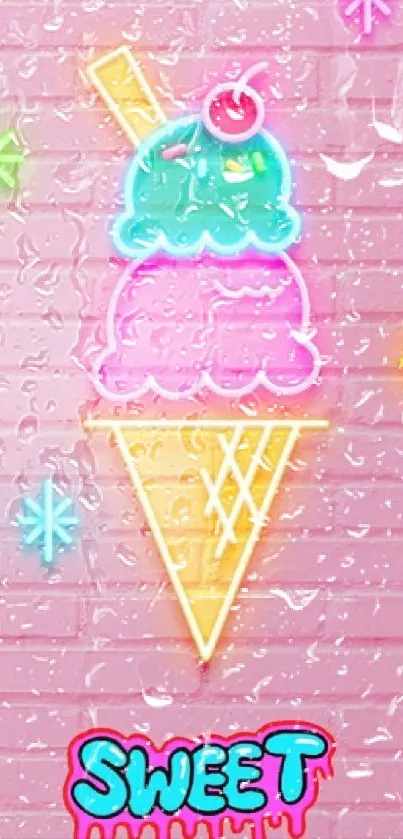 Neon ice cream on pink brick wall wallpaper.