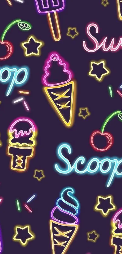 Neon ice cream pattern on purple background.