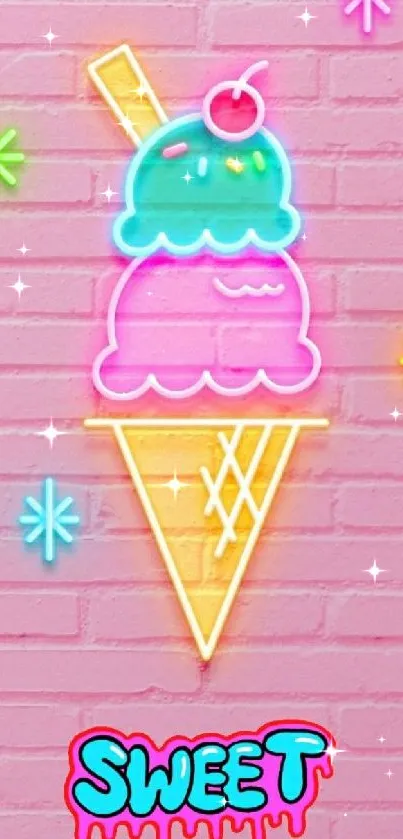 Vibrant neon ice cream on a pink brick wall background.