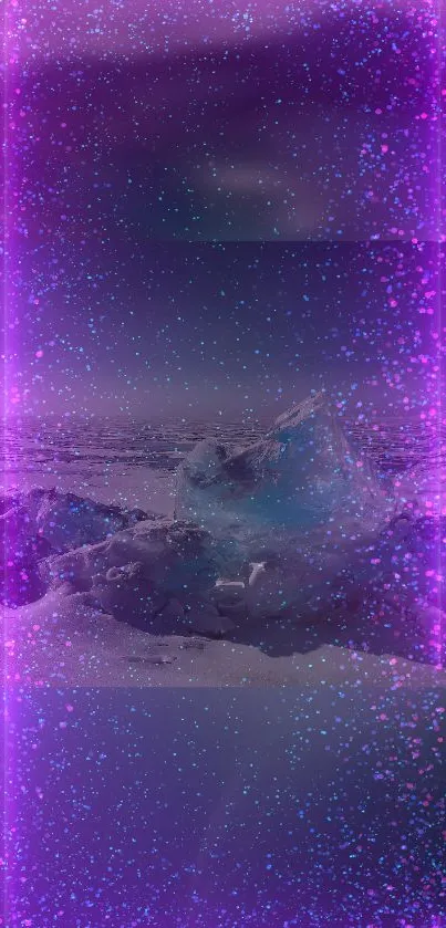 Neon ice landscape with purple glow and cosmic elements.