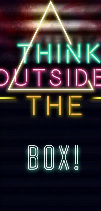 Neon-themed wallpaper with motivational 'Think Outside the Box' quote.