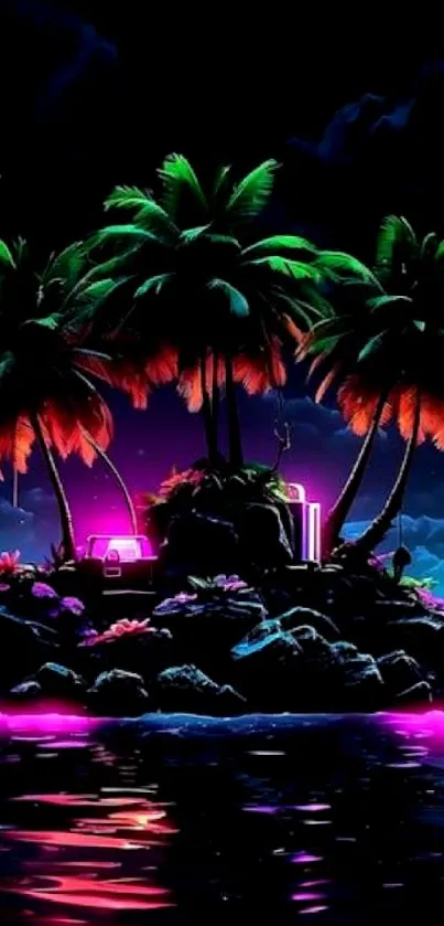 Neon-lit island with vibrant palm trees and glowing waters.