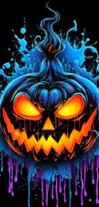 Neon Jack-o'-Lantern with blue splashes on a black background.