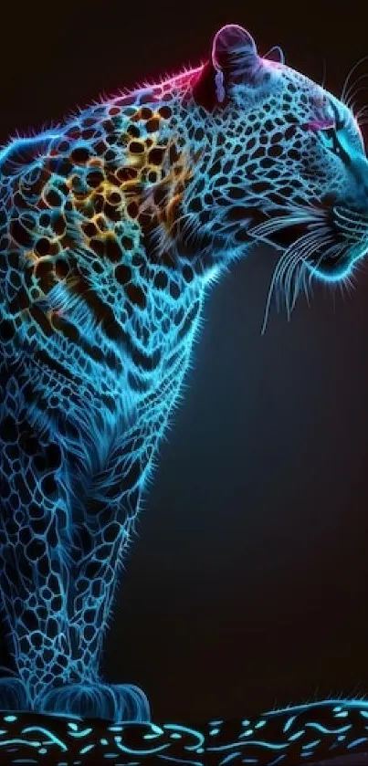 Neon illustration of a jaguar in profile with glowing colors on a dark background.