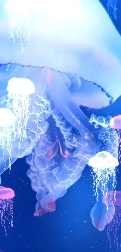 Colorful neon jellyfish fantasy mobile wallpaper with vibrant underwater hues.