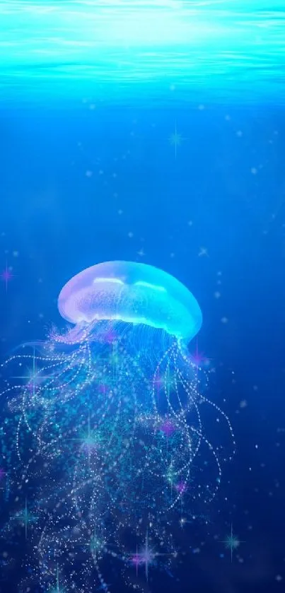 Vibrant neon jellyfish in deep ocean with sparkling stars.