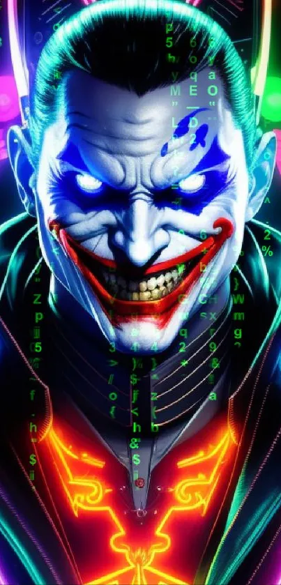 Vibrant neon Joker cyberpunk art wallpaper with glowing colors.