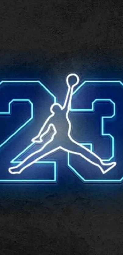 Neon Jordan 23 logo glowing in blue on dark background.