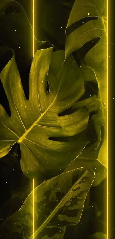 Neon green jungle leaf wallpaper with glowing lines.