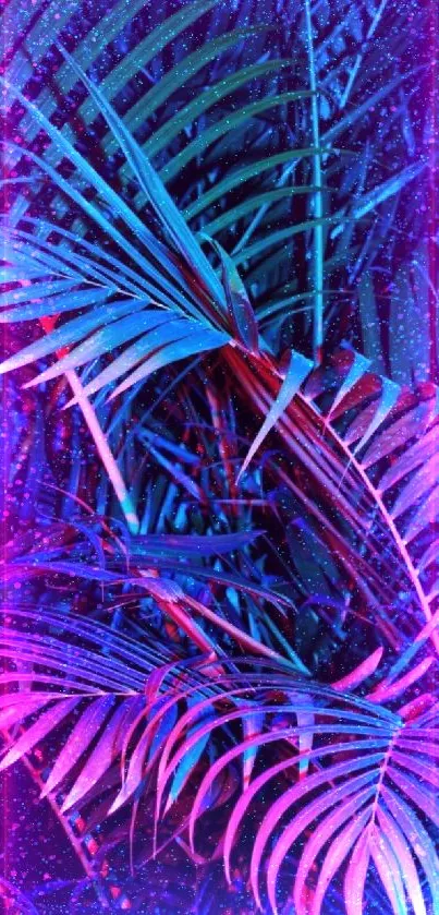 Neon jungle leaves in pink and blue hues creating a vibrant tropical wallpaper.