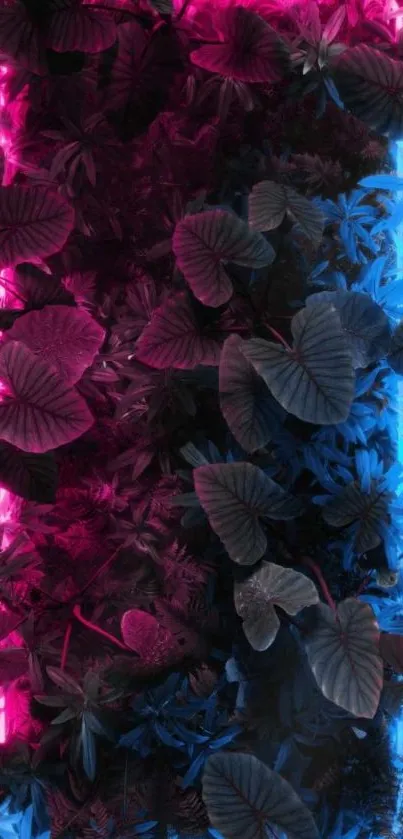 Neon pink and blue leaves creating a vibrant jungle effect.