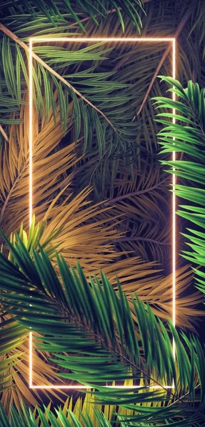 Mobile wallpaper with neon palm leaves design.