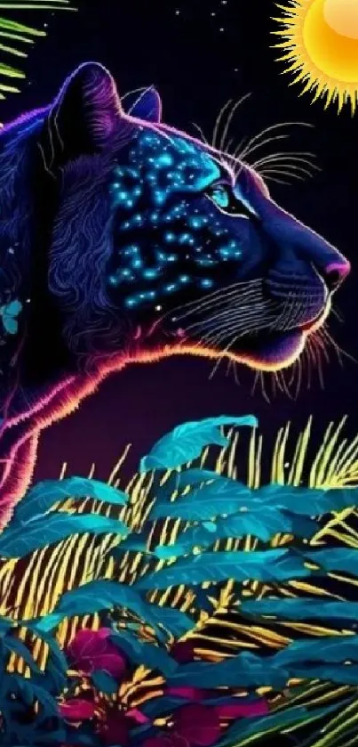 Vibrant neon panther in jungle with exotic plants and sun.