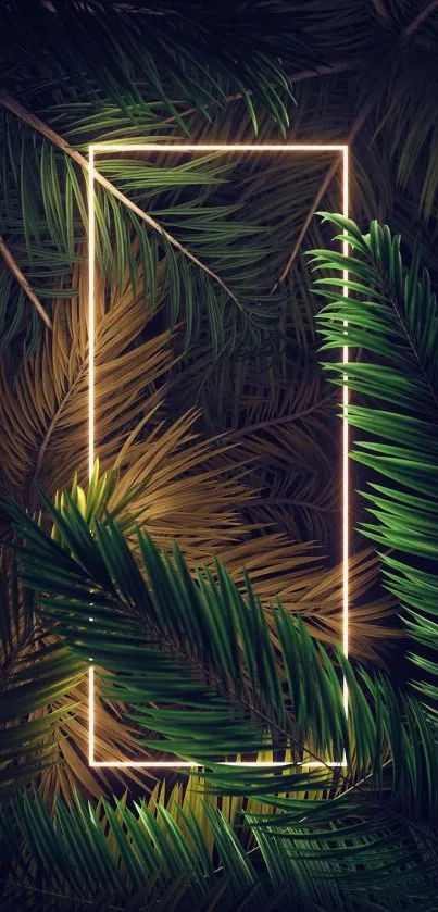 Neon jungle wallpaper with green leaves and glowing frame.