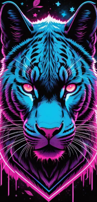 Vibrant neon tiger artwork in striking blue and pink colors.