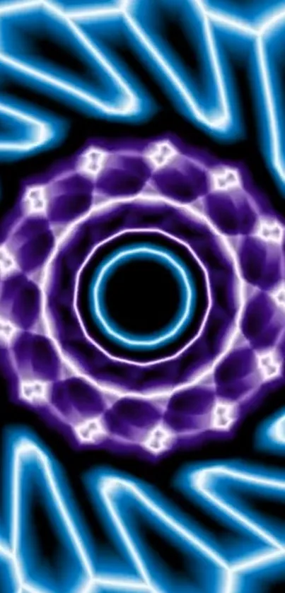 Neon kaleidoscope wallpaper with purple and blue geometric patterns.