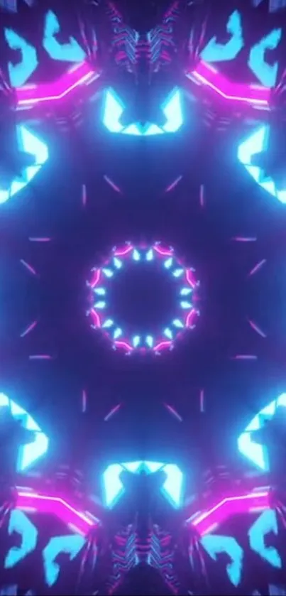 Neon kaleidoscope pattern with blue and pink glow