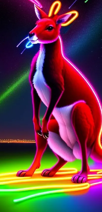 Neon kangaroo with glowing effects in a starry night scene, vibrant and colorful.