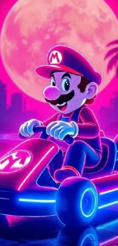 A vibrant neon kart racer under a pink moon.