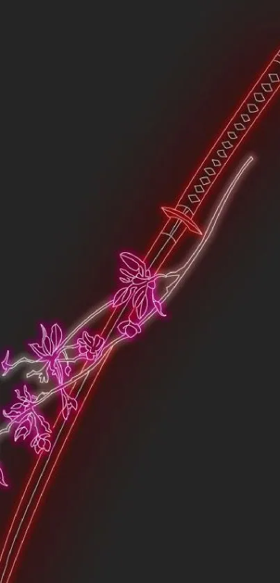 Neon katana with cherry blossoms on black background.