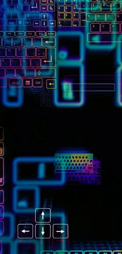 Neon keyboard with colorful glowing keys on a black background.