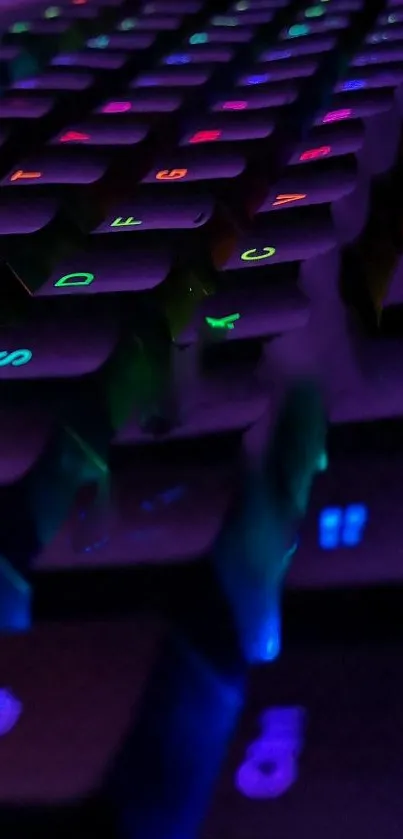 Vibrant neon keyboard with glowing keys in dark lighting.